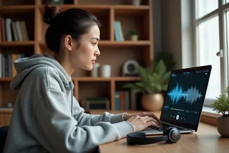 Jeune femme écoutant de la musique sur son ordinateur portable avec un casque audio posé sur son bureau en bois