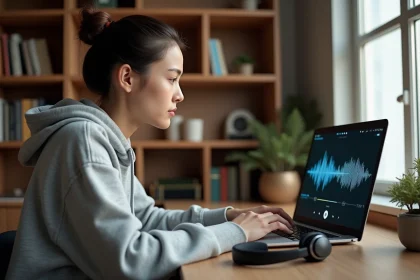 Jeune femme écoutant de la musique sur son ordinateur portable avec un casque audio posé sur son bureau en bois
