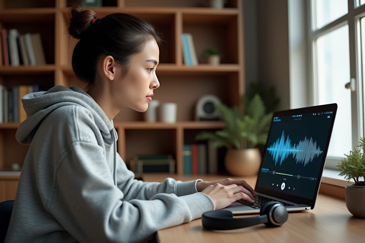 Jeune femme écoutant de la musique sur son ordinateur portable avec un casque audio posé sur son bureau en bois