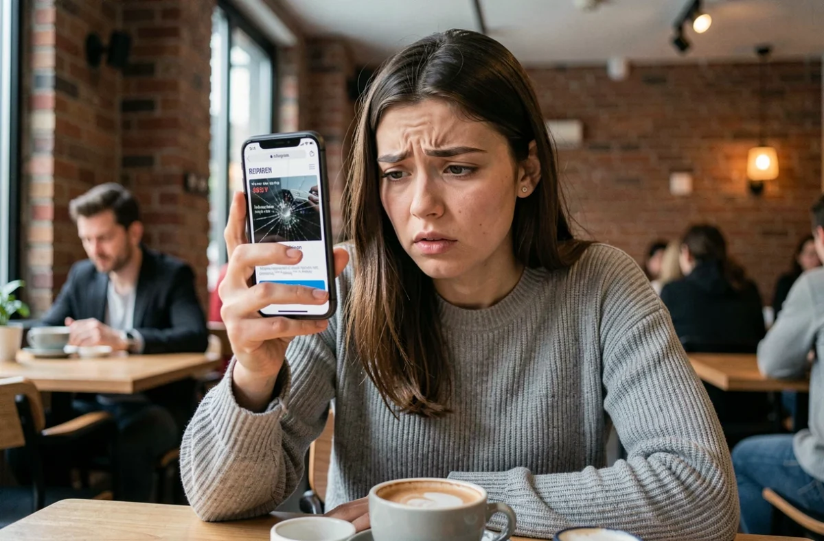 Jeune femme inquiète consultant les prix de réparation d'écran iPhone 11 dans un café avec téléphone fissuré