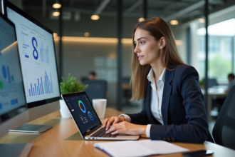 Jeune femme professionnelle travaillant sur un ordinateur au bureau