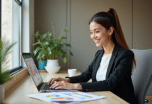 Femme professionnelle concentrée sur son ordinateur dans un bureau moderne