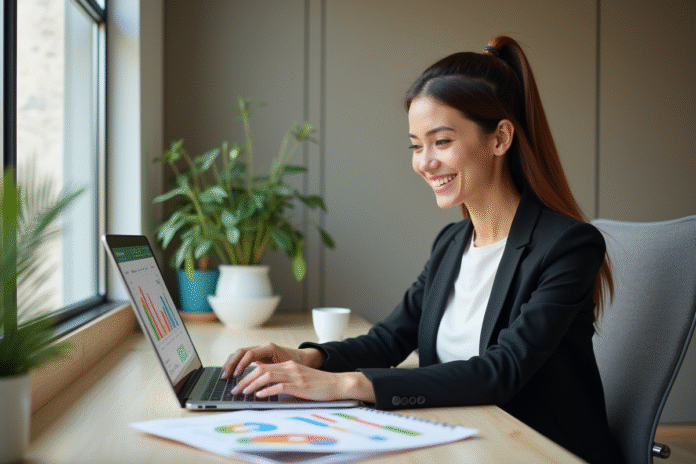 Femme professionnelle concentrée sur son ordinateur dans un bureau moderne