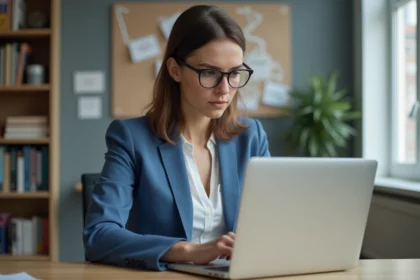 Femme professionnelle en bureau à Lyon concentrée sur son ordinateur