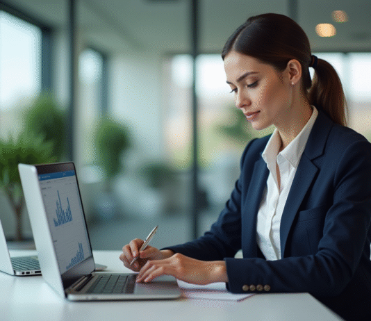 Jeune femme en bureau compare deux graphiques sur son ordinateur