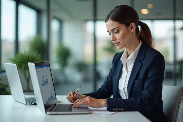 Jeune femme en bureau compare deux graphiques sur son ordinateur