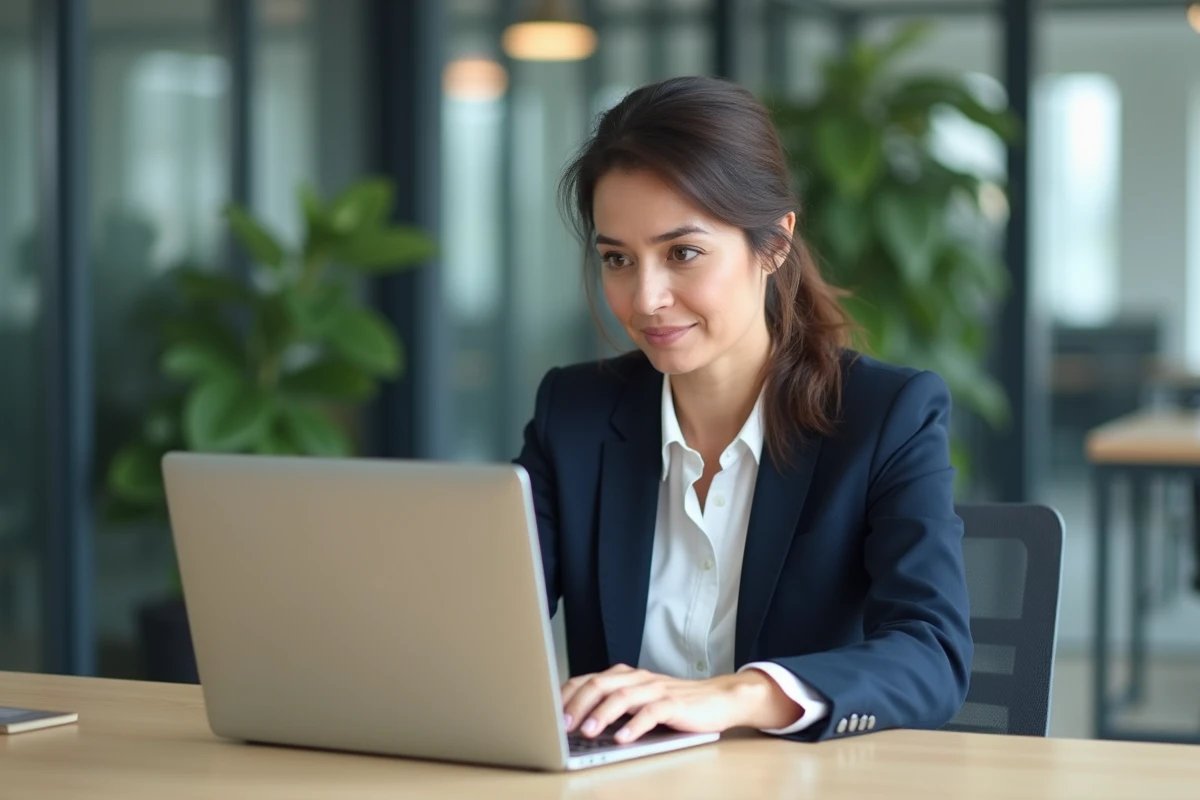Femme professionnelle consultant sa messagerie webmail sur un ordinateur portable dans un bureau moderne en 2026