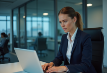 Sécurité informatique : principal risque en 2025 à surveiller en entreprise Femme d'affaires surveillant une alerte de cybersécurité