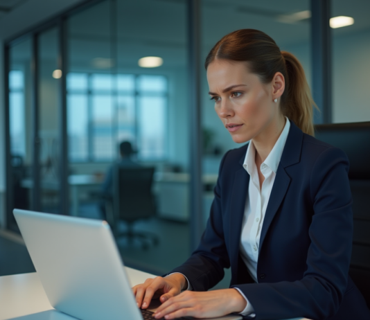 Femme d'affaires surveillant une alerte de cybersécurité