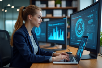 Jeune femme au bureau vérifiant un tableau de sécurité numérique