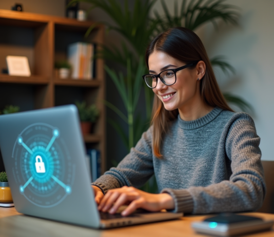Jeune femme concentrée utilisant un ordinateur dans un bureau sécurisé