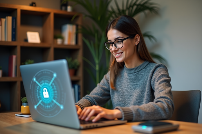 Jeune femme concentrée utilisant un ordinateur dans un bureau sécurisé