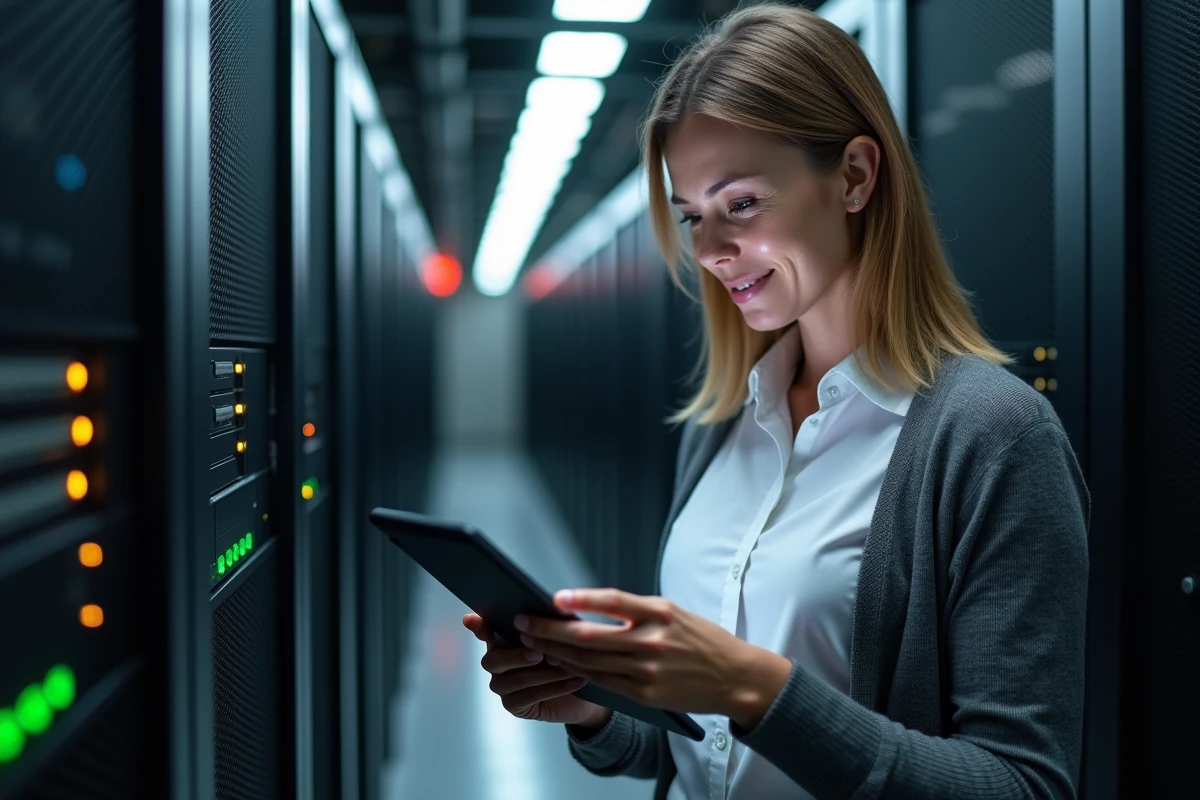 Femme d affaires consultant un tablet dans une salle serveurs high tech