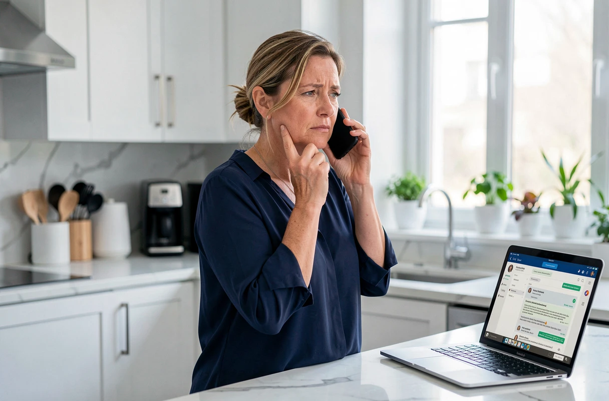 Femme au téléphone avec le service client Bouygues pour résoudre un problème de connexion