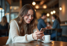 Femme souriante utilisant son smartphone dans un café moderne