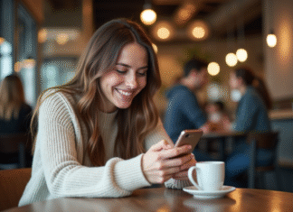 Publier sur Instagram en 2025 : astuces et bonnes pratiques marketing Femme souriante utilisant son smartphone dans un café moderne