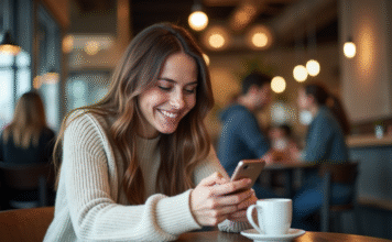 Publier sur Instagram en 2025 : astuces et bonnes pratiques marketing Femme souriante utilisant son smartphone dans un café moderne