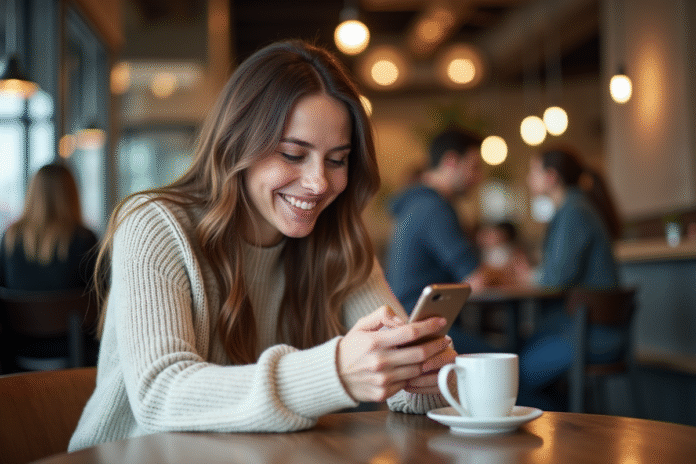 femme-smartphone-cafe Femme souriante utilisant son smartphone dans un café moderne