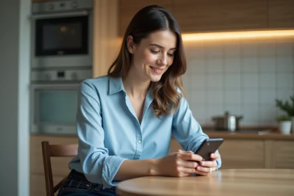 Femme assise à la cuisine vérifiant son smartphone