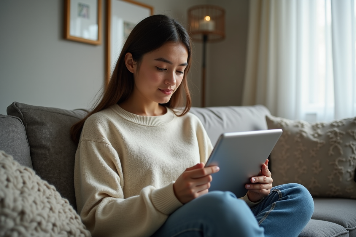 Jeune femme dans un salon regardant son PDF sur tablette