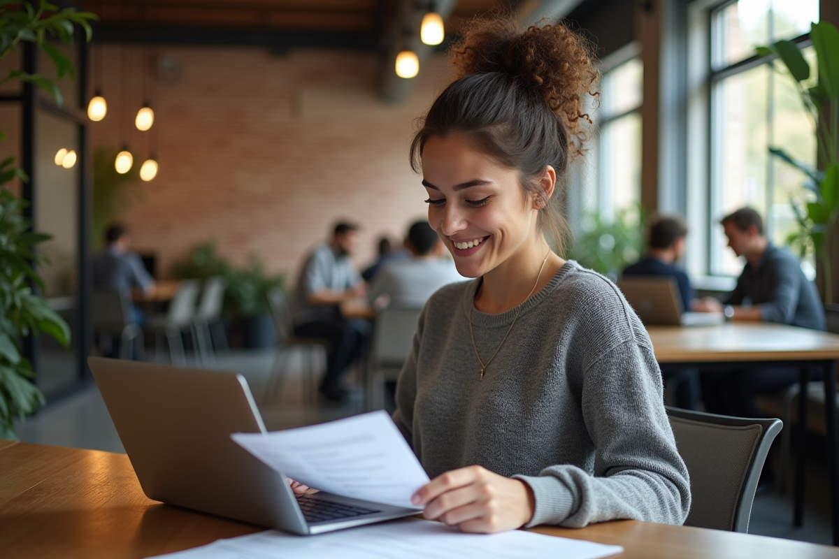 Femme travaillant dans un espace coworking avec ordinateur
