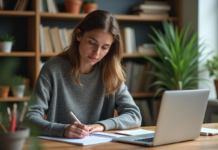 Mots-clés : Trouver des idées pertinentes pour le référencement SEO Femme concentrée prenant des notes dans un bureau à domicile