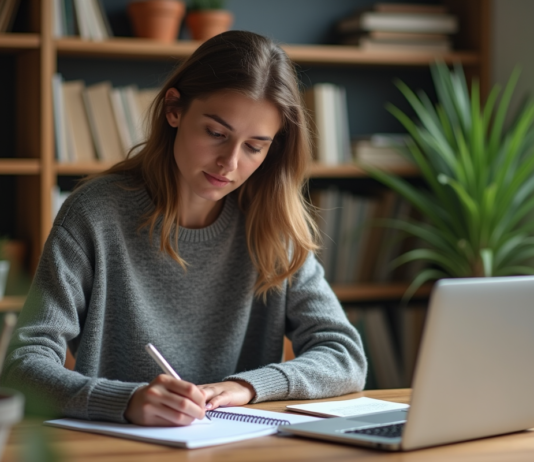Mots-clés : Trouver des idées pertinentes pour le référencement SEO Femme concentrée prenant des notes dans un bureau à domicile
