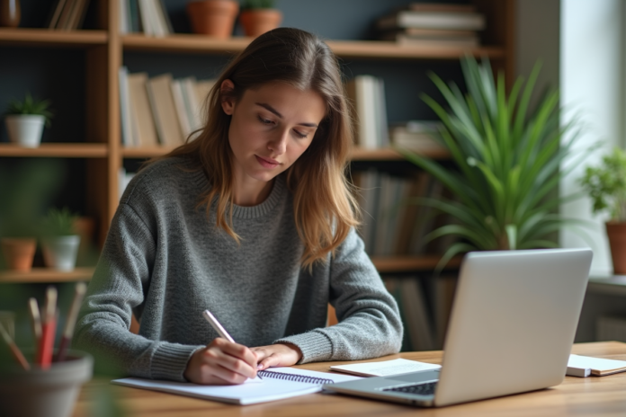 femme-travail-home-office Femme concentrée prenant des notes dans un bureau à domicile