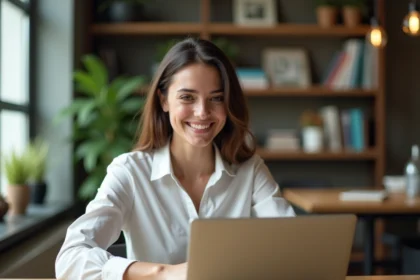 Jeune femme souriante travaillant sur un laptop dans un espace moderne
