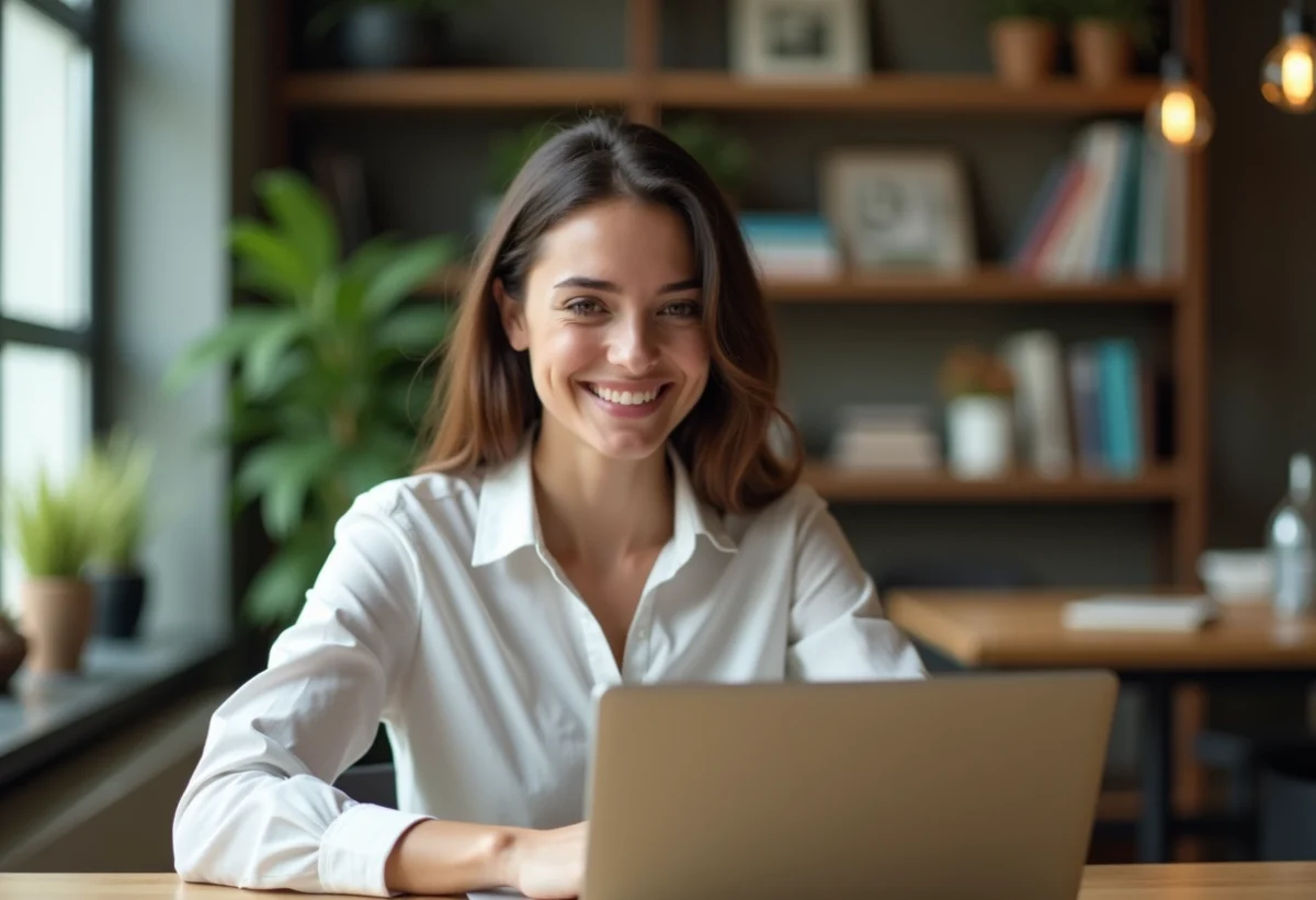 Jeune femme souriante travaillant sur un laptop dans un espace moderne