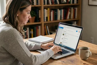 Femme utilisant un webmail sur un ordinateur portable dans un bureau à domicile