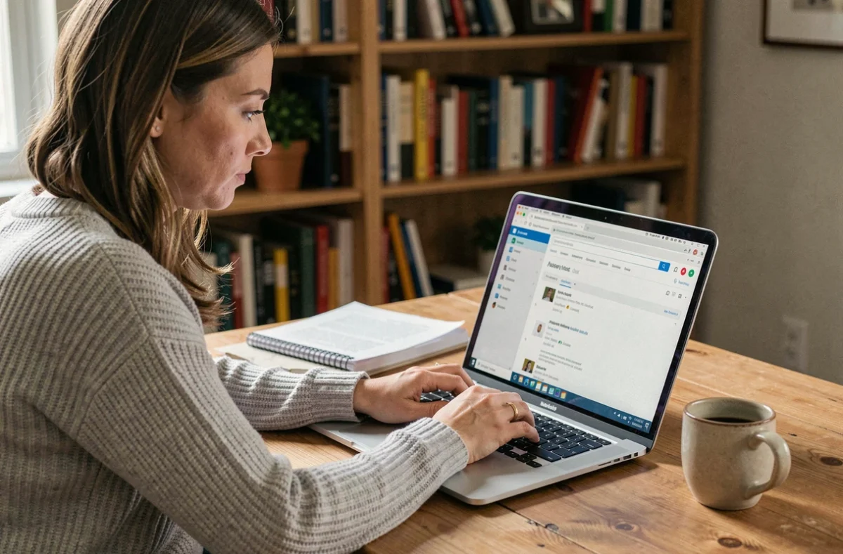 Femme utilisant un webmail sur un ordinateur portable dans un bureau à domicile