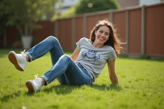 Jeune femme souriante faisant une roulade dans le jardin
