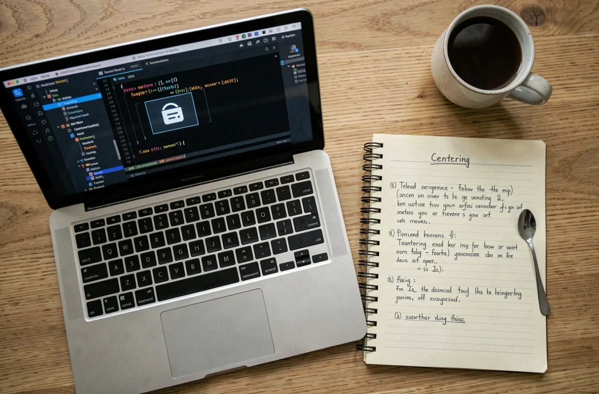 Vue aérienne d'un bureau avec code CSS de centrage d'icône dans un div et notes manuscrites