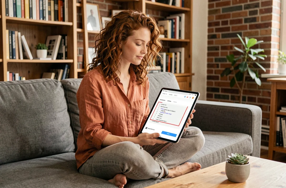 Développeuse web travaillant à domicile sur des erreurs de mise en page Flex Extend affichées sur une tablette
