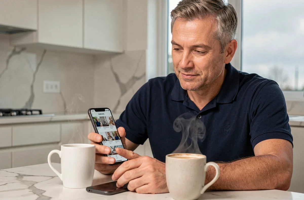 Homme consultant la galerie photo de son Samsung à la cuisine pour gérer le stockage et la corbeille de l'appareil