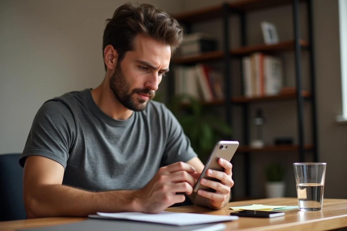 Homme utilisant un smartphone Android pour gérer le presse-papier avec une application dédiée