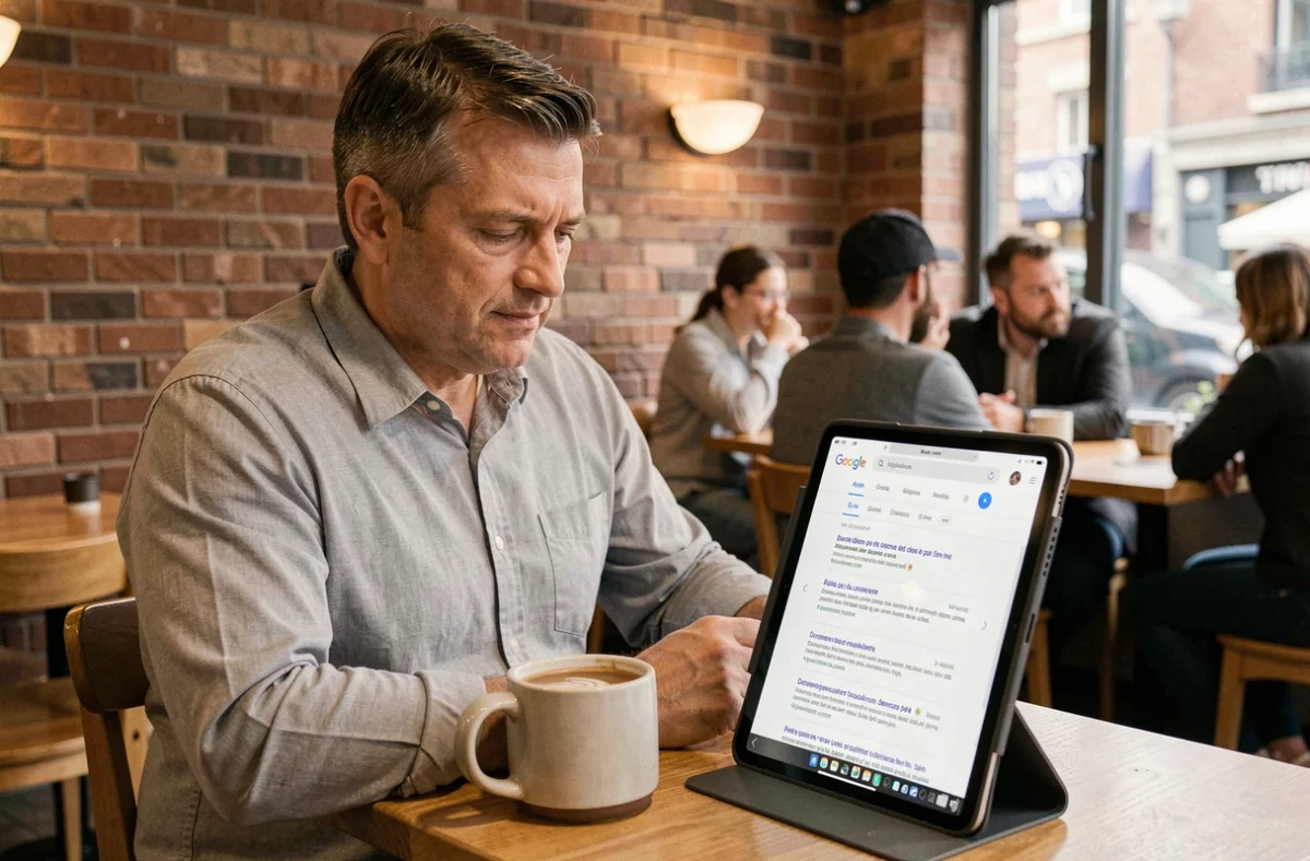 Homme consultant Google américain en français sur une tablette dans un café urbain