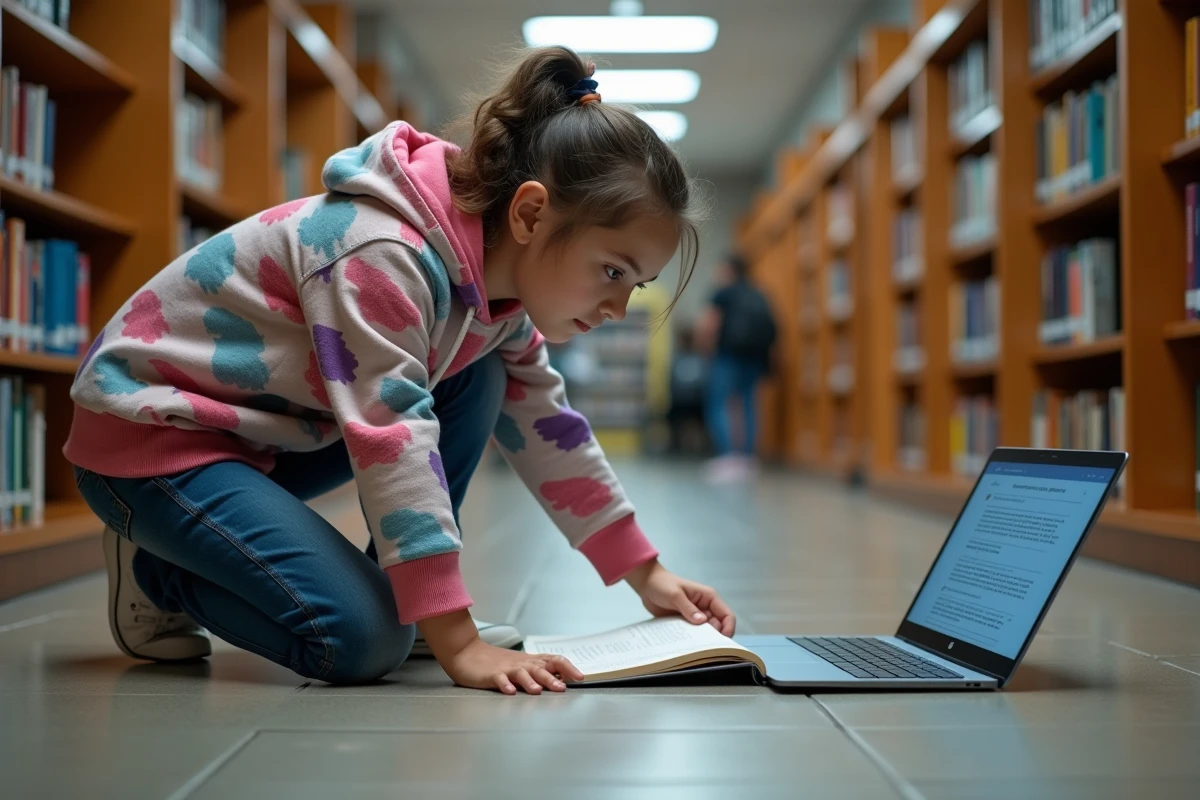 Adolescente utilisant Google Lens sur Chromebook pour rechercher des informations dans un manuel scolaire à la bibliothèque