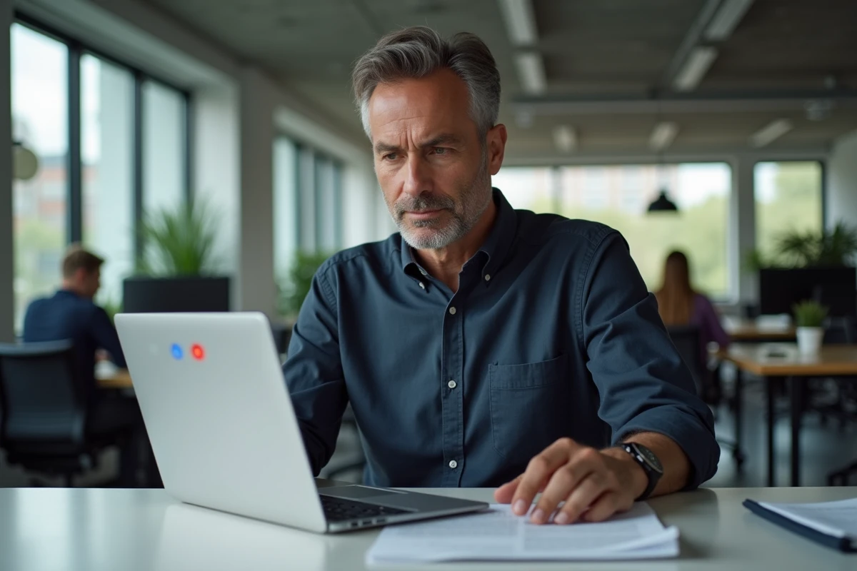 Homme d'affaires configurant Google Lens sur Chromebook pour scanner un document texte dans un open space moderne