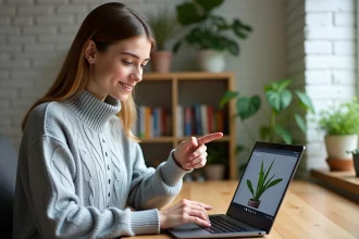 Jeune femme utilisant Google Lens sur un Chromebook pour identifier une plante, dans un bureau à domicile cosy