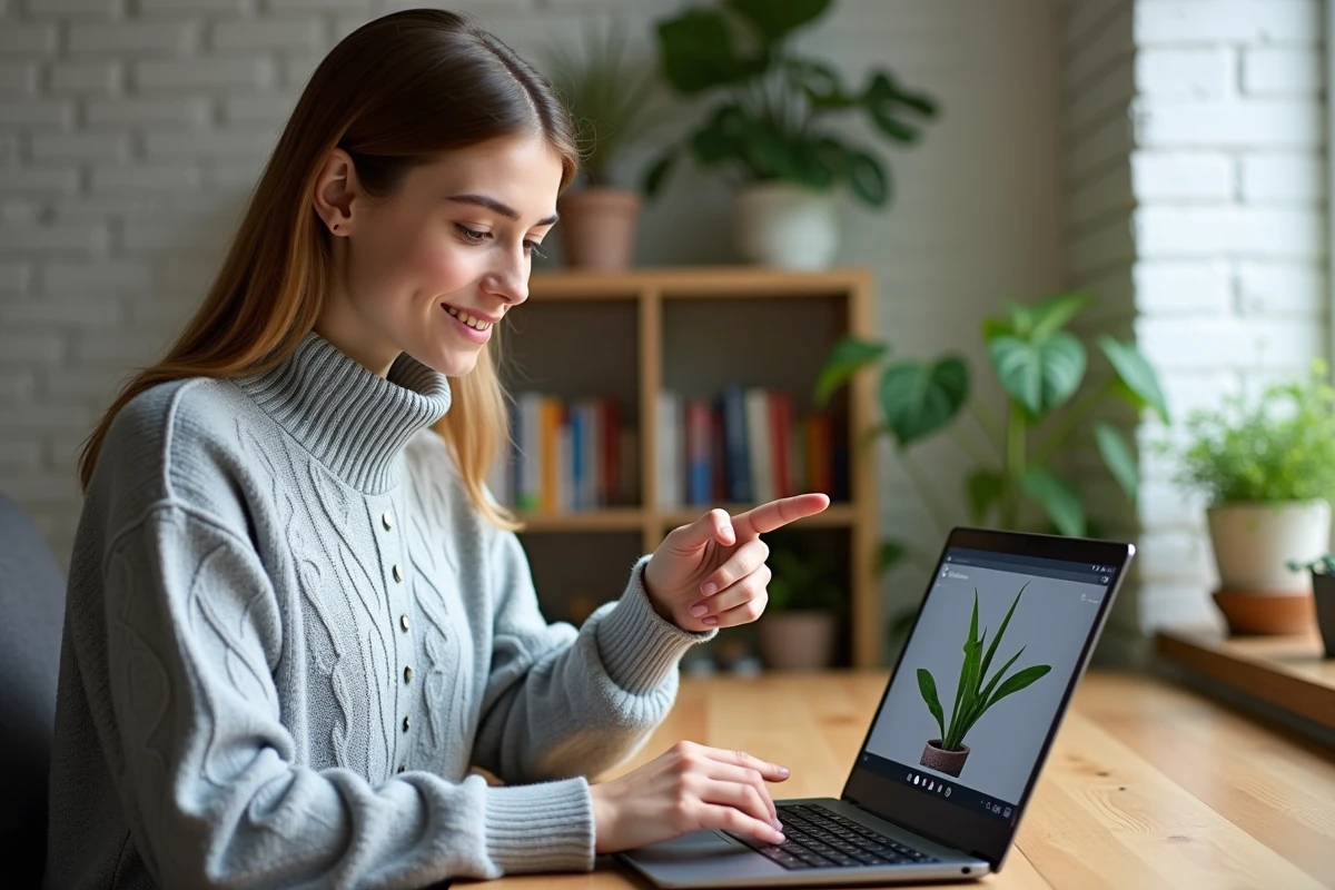 Jeune femme utilisant Google Lens sur un Chromebook pour identifier une plante, dans un bureau à domicile cosy