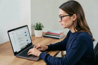 Femme utilisant Google USA en français sur un ordinateur portable dans un bureau minimaliste