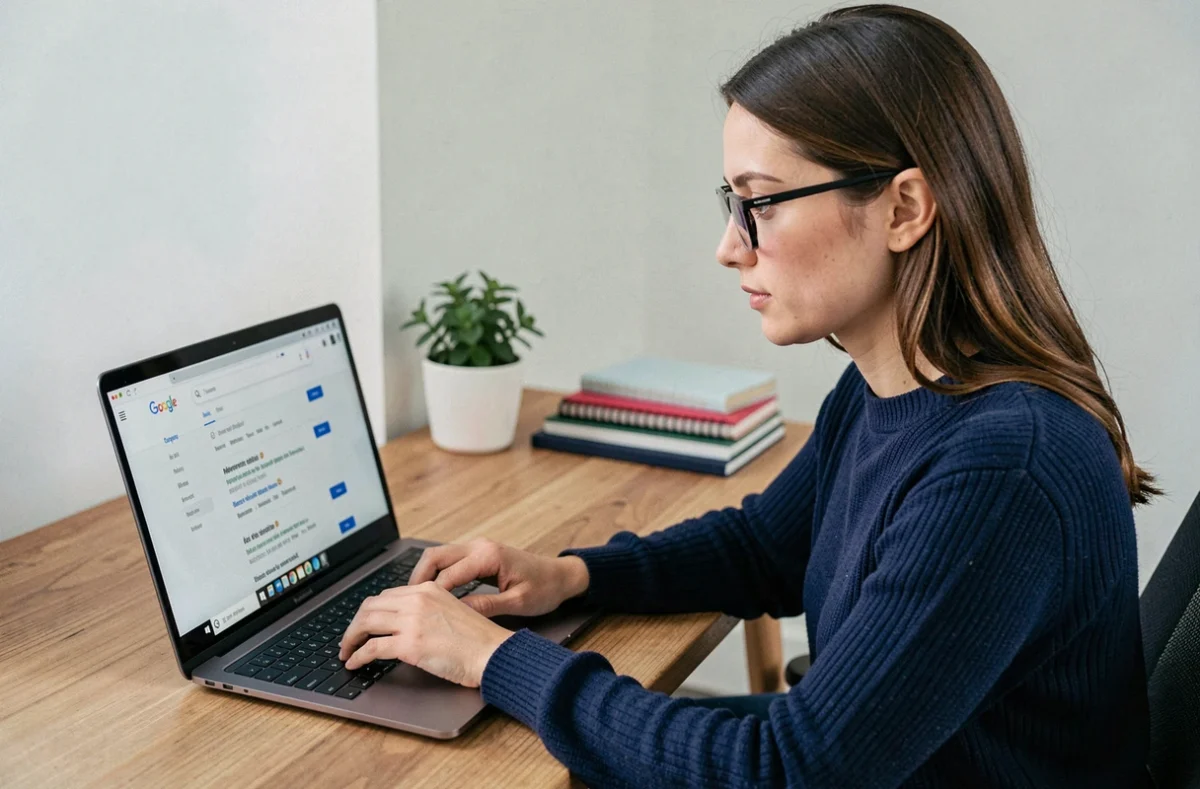 Femme utilisant Google USA en français sur un ordinateur portable dans un bureau minimaliste