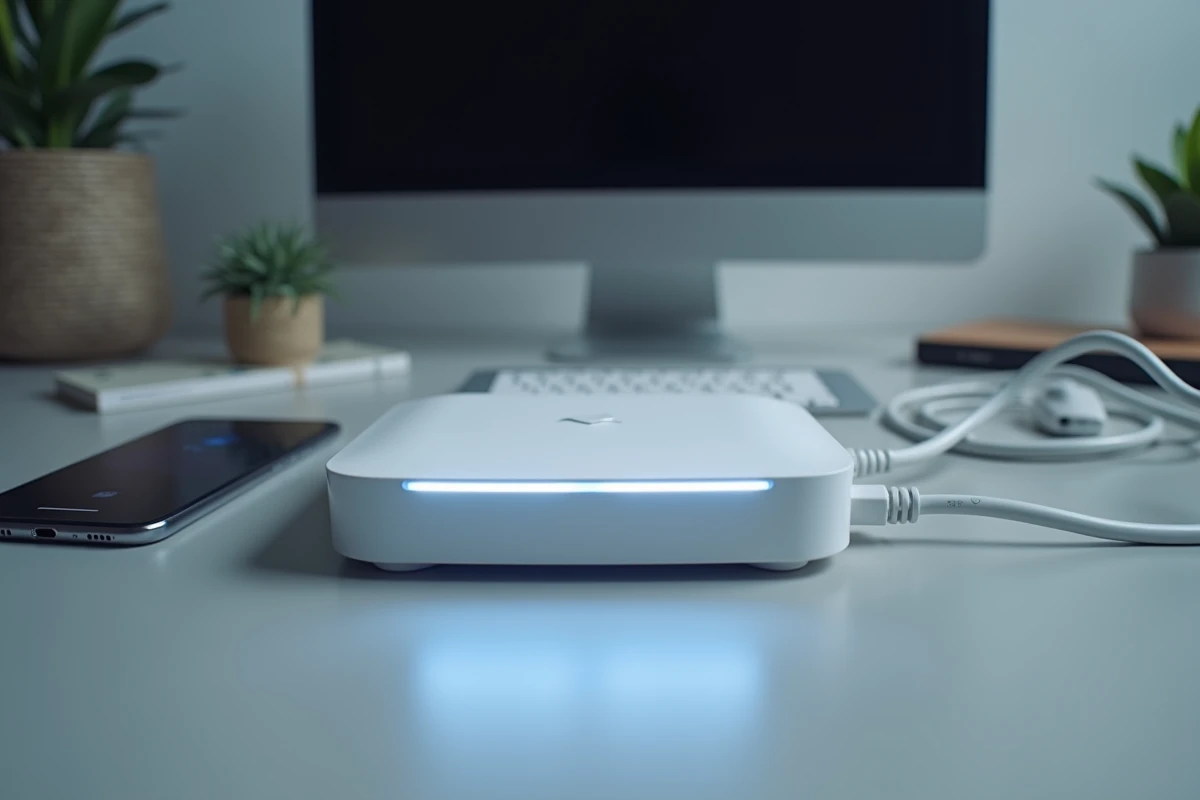 Gros plan sur une box Orange avec voyant LED blanc clignotant posée sur un bureau avec câble ethernet