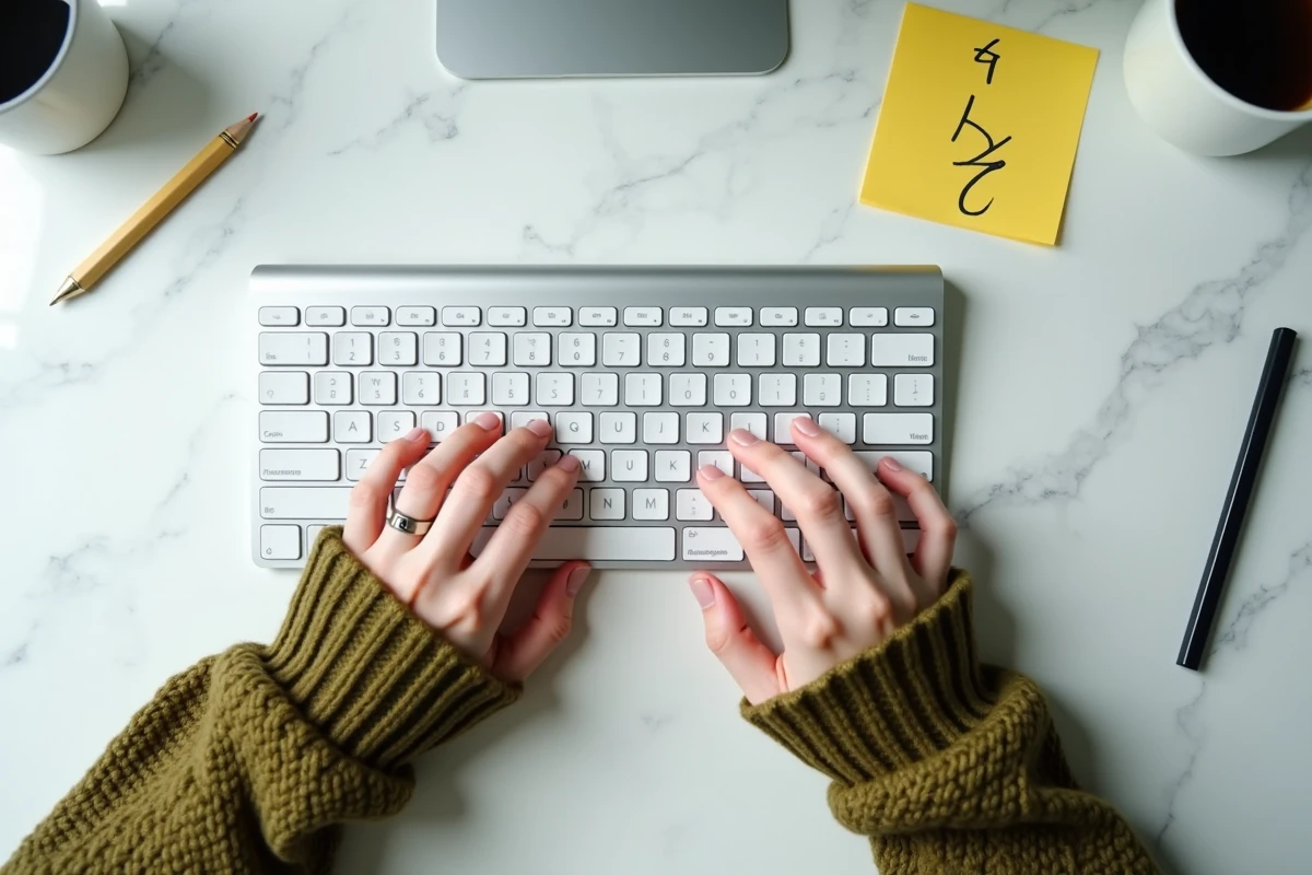 Gros plan de mains sur un clavier blanc avec un aide-mémoire des raccourcis pour les lettres majuscules accentuées en français