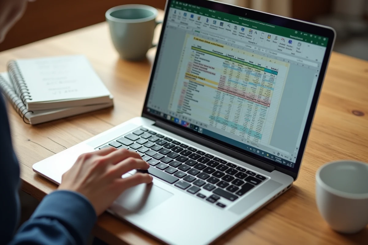 Gros plan sur un écran d'ordinateur portable affichant un classeur Excel avec des onglets de feuilles et des cellules figées