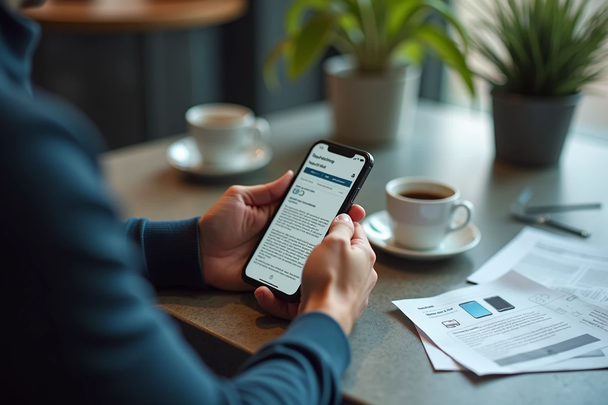 Gros plan de mains parcourant un site d'actualités iPhone sur smartphone posé sur béton