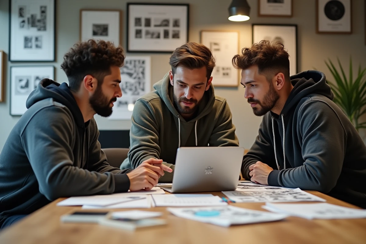 Trois artistes 3D collaborant dans un espace de coworking