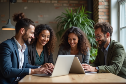 Groupe de quatre adultes en coworking collaborant